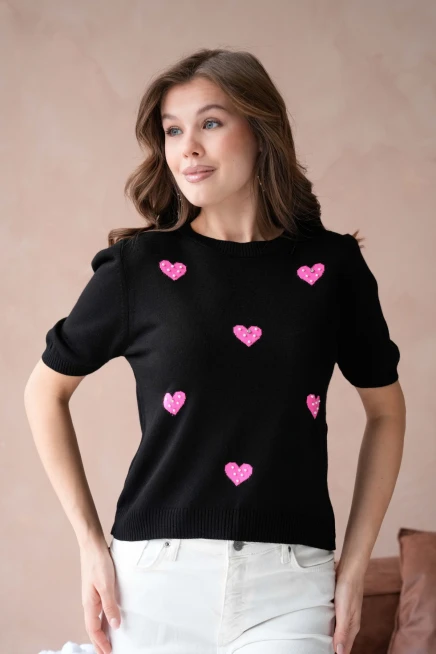 Kadın Taş İşlemeli Kalpli Triko Kazak