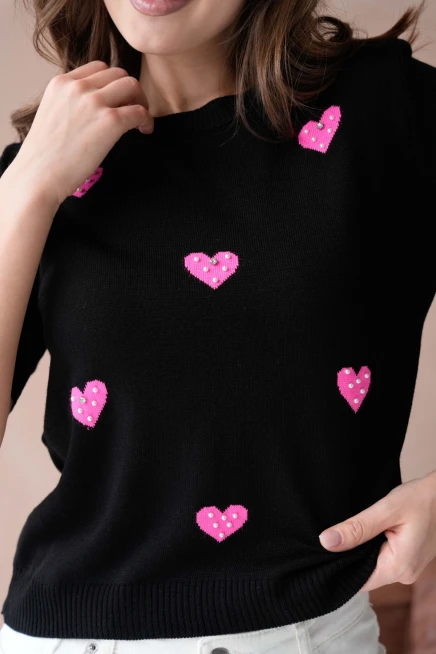Kadın Taş İşlemeli Kalpli Triko Kazak