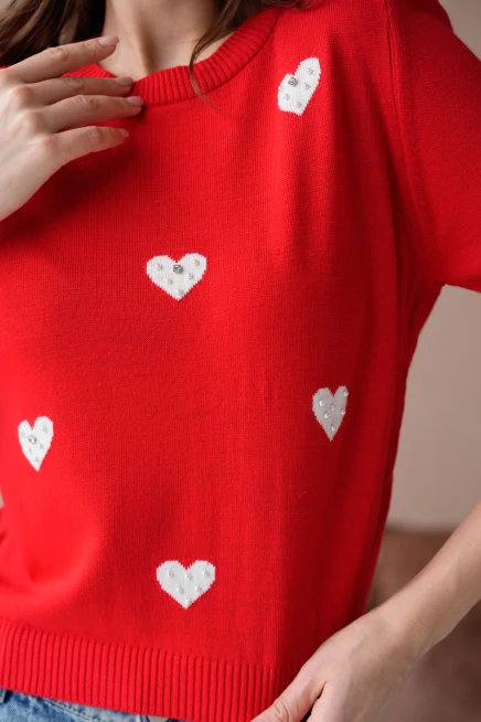 Kadın Taş İşlemeli Kalpli Triko Kazak
