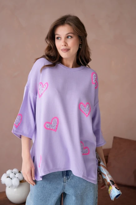 Kadın Taş İşlemeli Salaş Triko Kazak