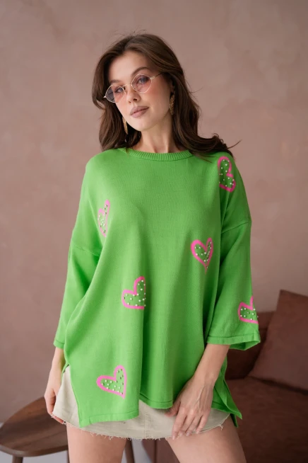 Kadın Taş İşlemeli Salaş Triko Kazak