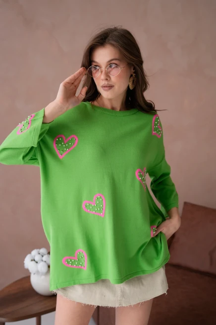 Kadın Taş İşlemeli Salaş Triko Kazak