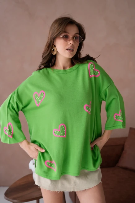 Kadın Taş İşlemeli Salaş Triko Kazak