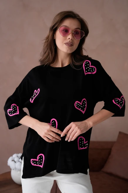 Kadın Taş İşlemeli Salaş Triko Kazak