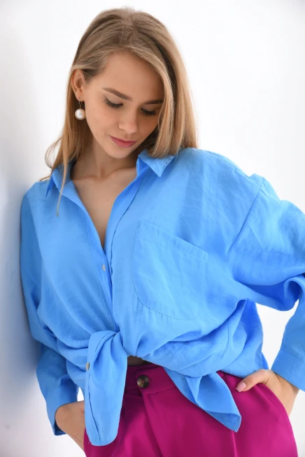 Kadın Uzun Kollu Oversize %100 Pamuk Basic Gömlek