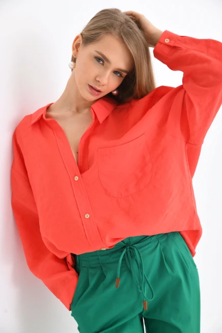 Kadın Uzun Kollu Oversize %100 Pamuk Basic Gömlek