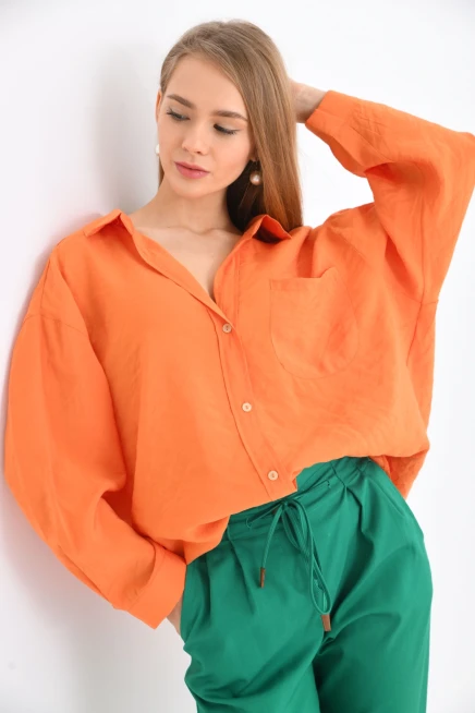 Kadın Uzun Kollu Oversize %100 Pamuk Basic Gömlek