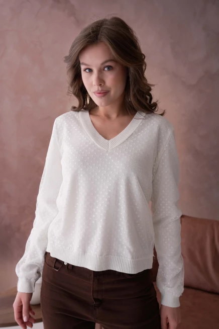 Kadın V Yaka Tül Detay Uzun Kol Triko Kazak