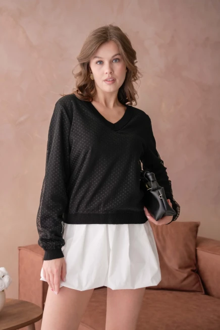 Kadın V Yaka Tül Detay Uzun Kol Triko Kazak