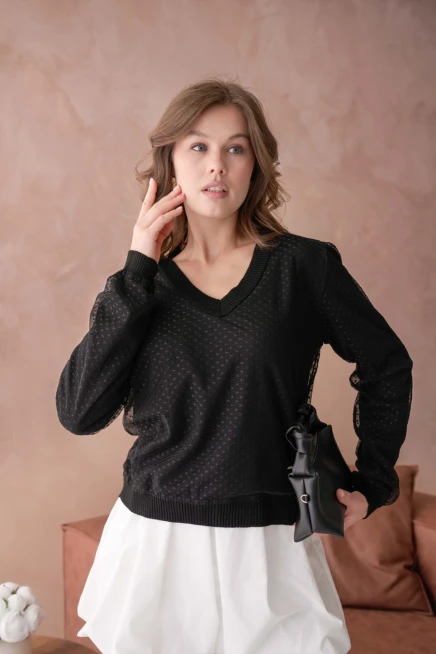 Kadın V Yaka Tül Detay Uzun Kol Triko Kazak