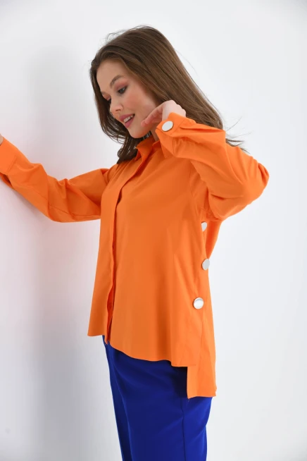 Womens Side Slit Detailed Long Sleeve Over Size Shirt