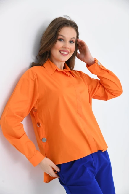 Womens Side Slit Detailed Long Sleeve Over Size Shirt