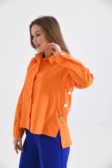 Womens Side Slit Detailed Long Sleeve Over Size Shirt