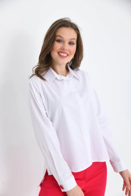 Womens Side Slit Detailed Long Sleeve Over Size Shirt