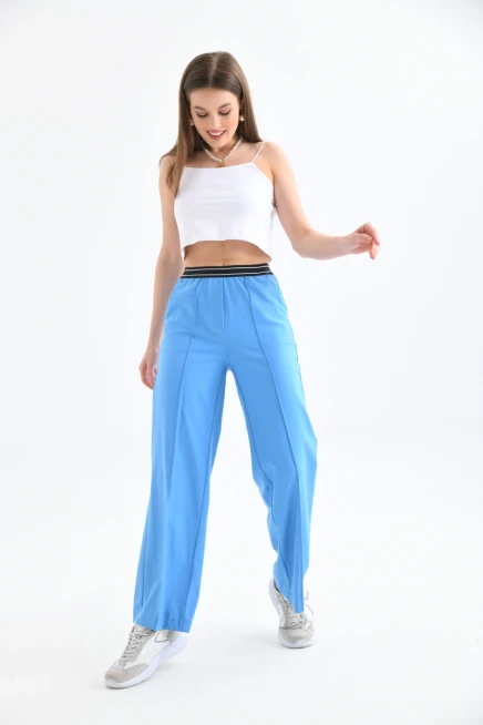 Beli Lastikli Geniş Paça Mavi Pantolon