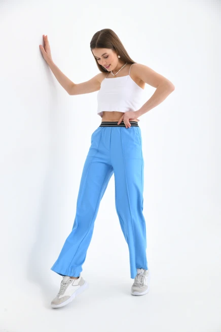 Beli Lastikli Geniş Paça Mavi Pantolon