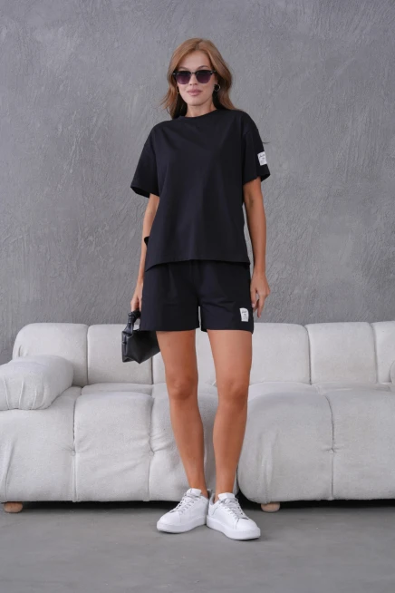 Bisiklet Yaka Kısa Kol Üst Bel Bağcıklı Lastikli Şort Basic Örme İkili Takım