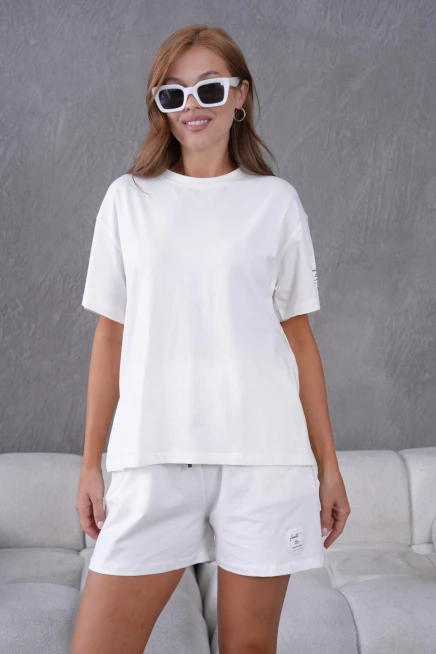 Bisiklet Yaka Kısa Kol Üst Bel Bağcıklı Lastikli Şort Basic Örme İkili Takım