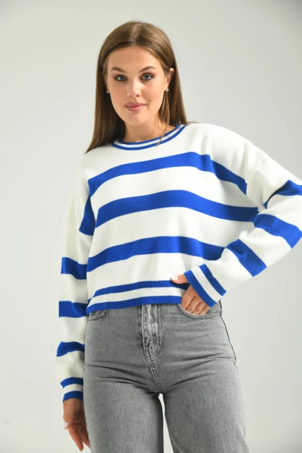 Çizgili Crop Bisiklet Yaka Triko Kazak