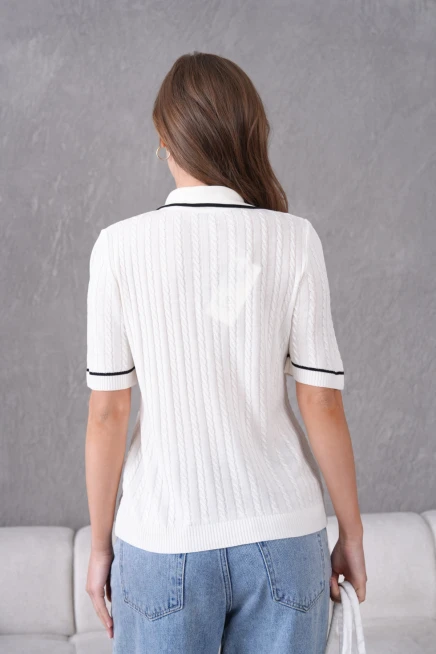 Polo Yaka Saç Örgü Kısa Kol Triko Kazak