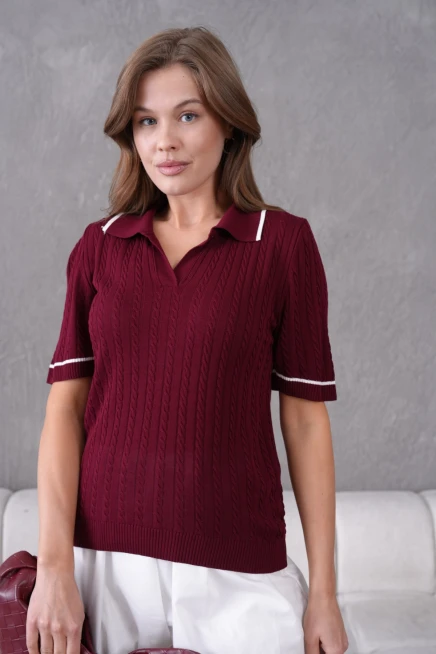 Polo Yaka Saç Örgü Kısa Kol Triko Kazak