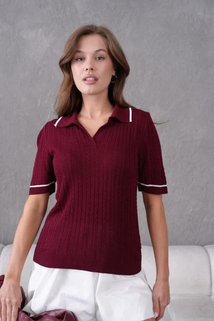 Polo Yaka Saç Örgü Kısa Kol Triko Kazak