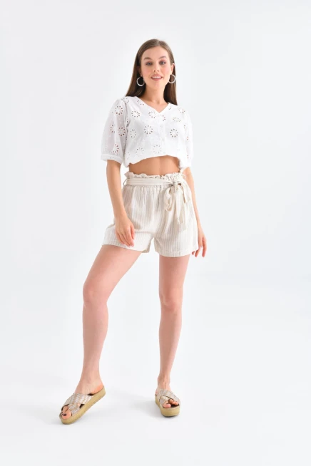 Womens Tie Detailed Waist Elastic Textured Fabric Shorts