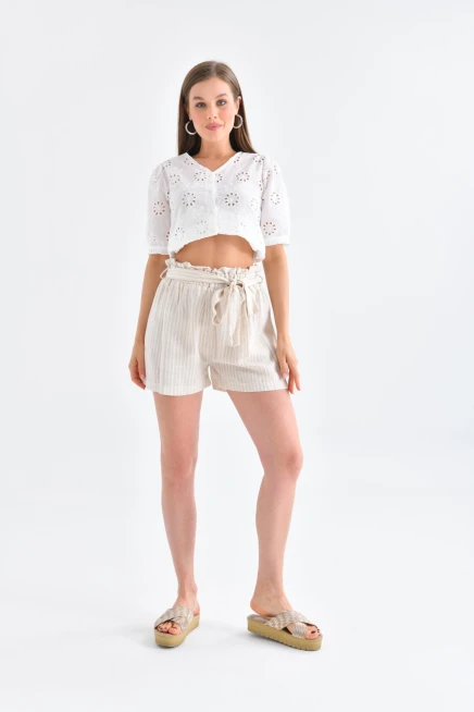 Womens Tie Detailed Waist Elastic Textured Fabric Shorts