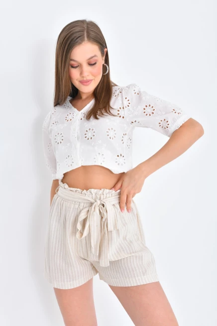 Womens Tie Detailed Waist Elastic Textured Fabric Shorts