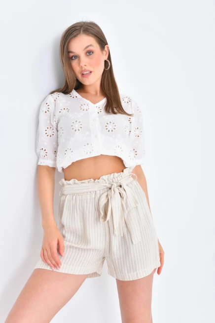 Womens Tie Detailed Waist Elastic Textured Fabric Shorts