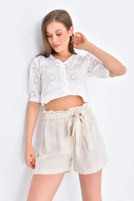 Womens Tie Detailed Waist Elastic Textured Fabric Shorts