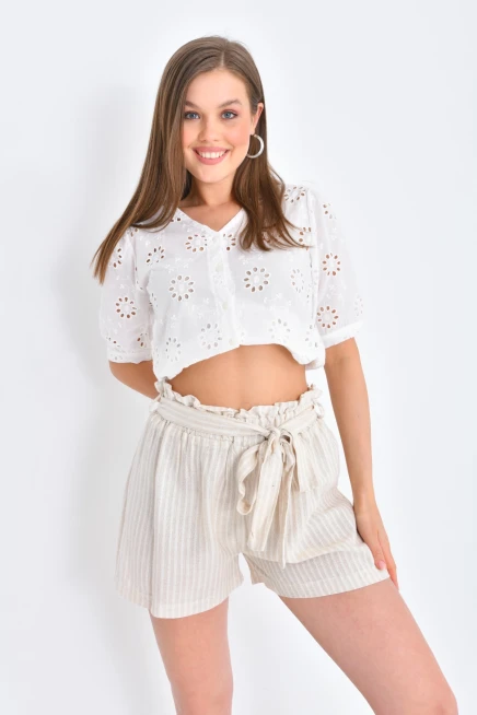 Womens Tie Detailed Waist Elastic Textured Fabric Shorts