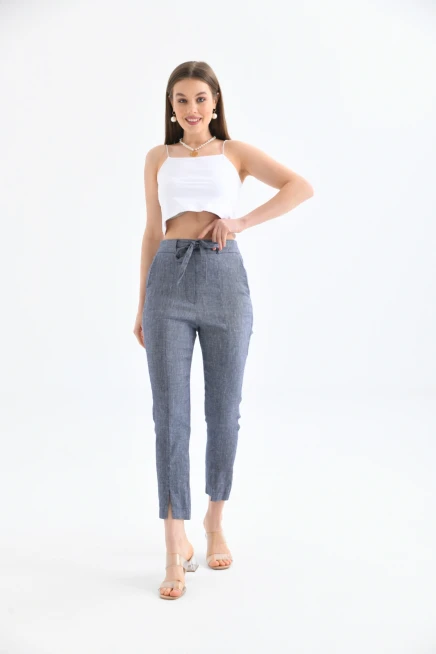 Womens Waist Lace-Up Detail Linen Trousers