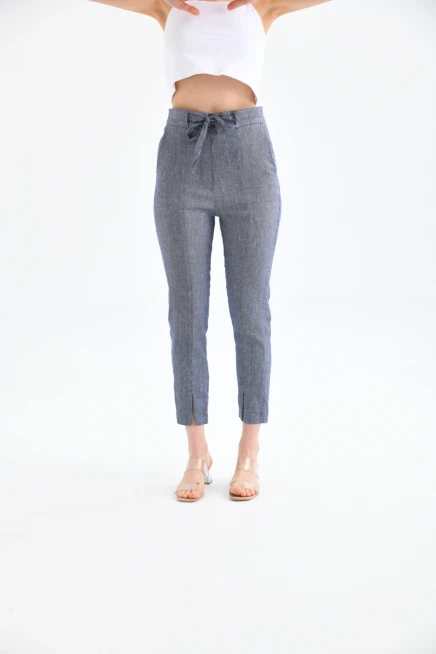 Womens Waist Lace-Up Detail Linen Trousers