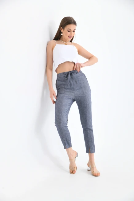 Womens Waist Lace-Up Detail Linen Trousers