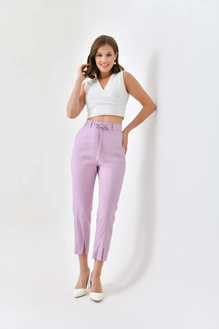 Womens Waist Lace-Up Detail Linen Trousers