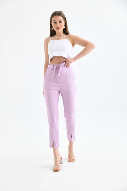 Womens Waist Lace-Up Detail Linen Trousers