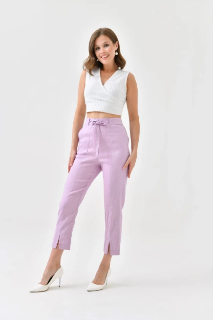 Womens Waist Lace-Up Detail Linen Trousers