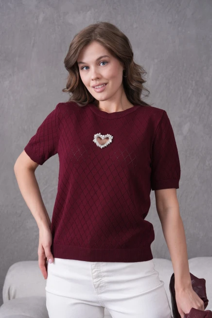 Taş Aksesuar Detaylı Kısa Kol Triko Kazak