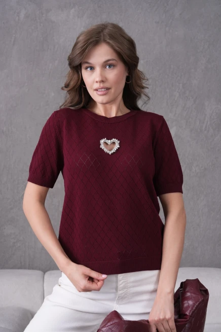 Taş Aksesuar Detaylı Kısa Kol Triko Kazak