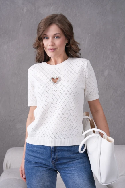 Taş Aksesuar Detaylı Kısa Kol Triko Kazak