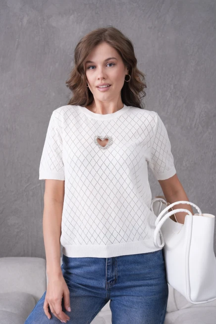 Taş Aksesuar Detaylı Kısa Kol Triko Kazak