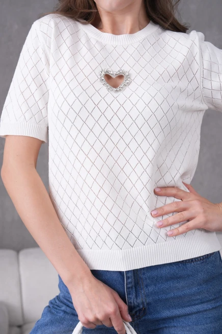 Taş Aksesuar Detaylı Kısa Kol Triko Kazak