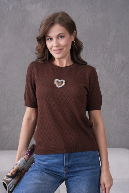 Taş Aksesuar Detaylı Kısa Kol Triko Kazak