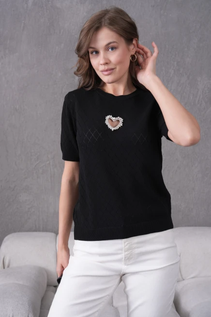 Taş Aksesuar Detaylı Kısa Kol Triko Kazak