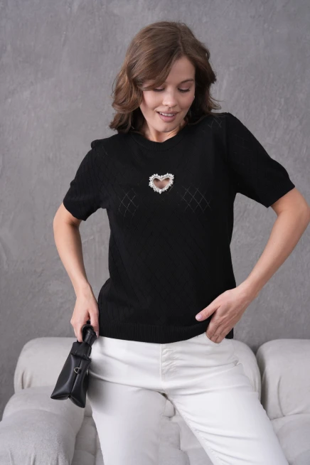 Taş Aksesuar Detaylı Kısa Kol Triko Kazak