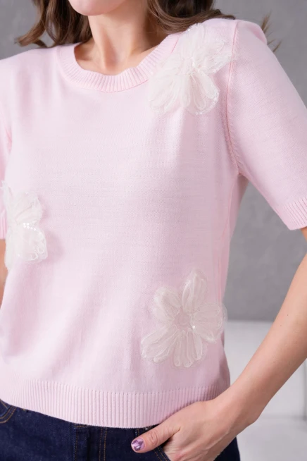 Aplikeli Kısa Kol Triko Kazak