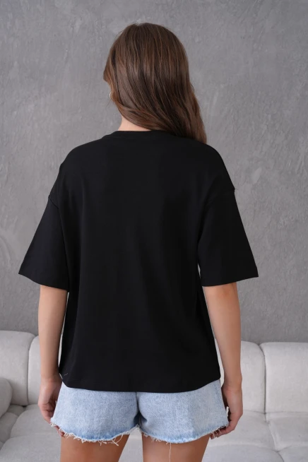 Kısa Kol Gül Detaylı Basic T-Shirt