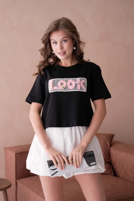Look Yazı Aplikeli Basic T-Shirt
