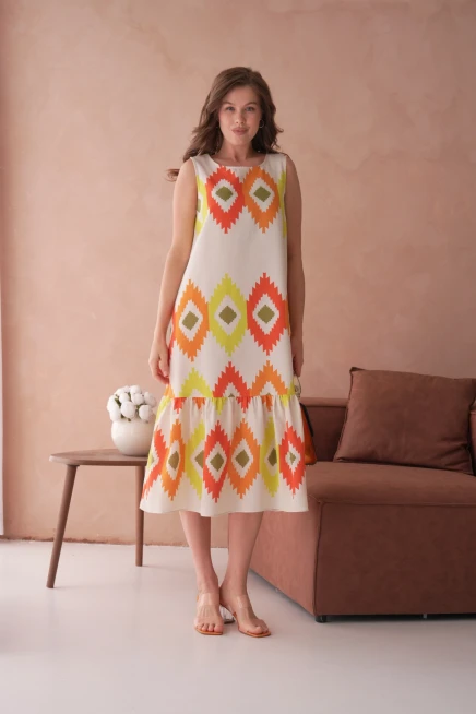 Otantik Desenli Volanlı Salaş Dokuma Elbise